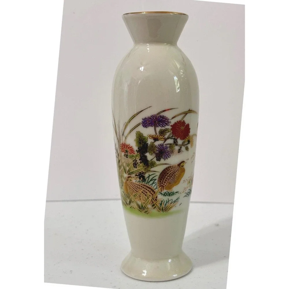 Vintage Otagiri Japan Porcelain Bud Vase‎ Quail Bird Chrysanthemum Gold Trim